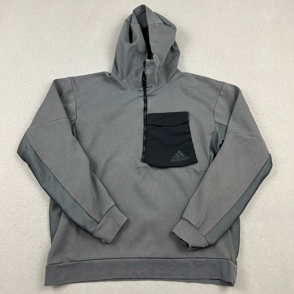 Adidas Hoodie Men Medium Gray 1/4 Zip Ribbed Panel Tech Fleece Utility Pocket M